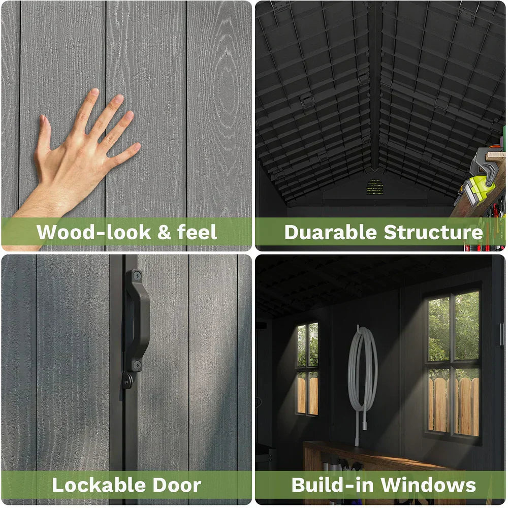 Pro Grade 6ft x 8ft Premium Plastic Double Door Garden Shed - Grey Wood Touch Texture